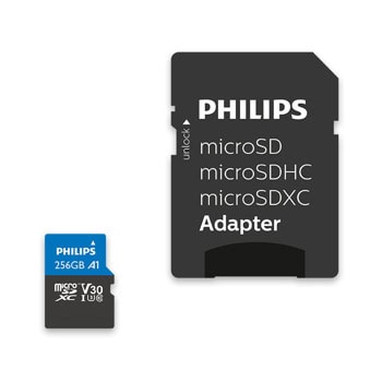 Карта памет 256GB microSDXC с адаптер, Philips FM25MP65B/00, UHS-I U3 V30, скорост на четене до 100MB/s, скорост на запис до 80MB/s | JAR Computers Philips FM25MP65B/00
