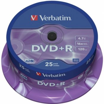 Оптичен носител DVD+R media 4.7GB, Verbatim, 16x, AZO покритие 25бр. | JAR Computers DVD+R VERBATIM 16X 4.7GB ШПИНДЕЛ ОП. 25