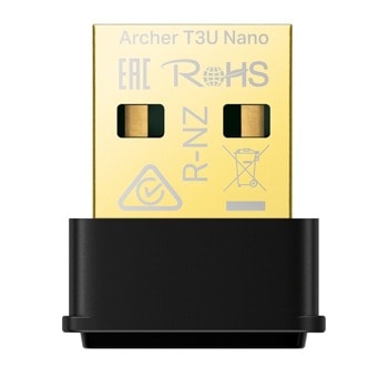 Мрежови адаптер TP-Link Archer T3U Nano, 1300Mbps, 2.4GHz(400Mbps)/5GHz(867Mbps), Wireless-AC, USB 3.0, черен | JAR Computers TP-Link Archer T3U Nano