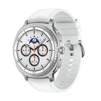 Смарт часовник Samsung Galaxy Watch8 Classic 46mm Silver (SM-L500NZWAEUB), 1.3" (3.3cm) Super AMOLED дисплей, Bluetooth, Wi-Fi, акселерометър, следене на кръвно налягане, 5 ATM водоустойчивост, до 30 часа живот на батерията, сребрист, бяла каишка | JAR Computers Samsung Galaxy Watch8 Classic SM-L500NZWAEUB