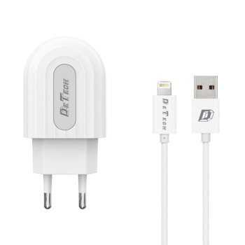 Зарядно устройство DeTech DE-28i, от контакт към USB A(ж), 5V/2.4A, бял, с Lightning кабел | JAR Computers Зарядно устройство DeTech DE-28i
