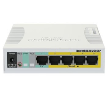Суич Mikrotik RB260GSP CSS106-1G-4P-1S, 10/100/1000Mbps, 5x Ethernet порта, passive PoE output on ports 2-5 | JAR Computers Комутатор Mikrotik RB260GSP CSS106-1G-4P-1S