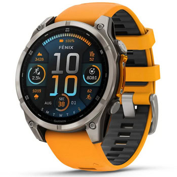 Смарт часовник Garmin fenix 8 47mm (Spark Orange/Graphite), 1.4" (3.55cm) AMOLED дисплей, Bluetooth, ANT+, Wi-Fi, GPS, 32GB Flash памет, мониторинг на съня, следене на сърдечния ритъм, 10ATM, до 16 дни време на работа, Sapphire/Titanium, оранжев | JAR Computers Garmin fenix 8 Sapphire/Titanium 010-02904-11