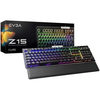 Клавиатура EVGA Z15 (821-W1-15UK-K2), гейминг, механична, Linear Kailh Speed сребристи суичове, RGB подсветка, UK подредба, черна, USB image