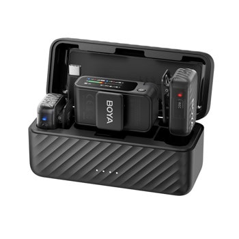 Безжична микрофонна система BOYA BOYAMIC 2, 2x предавателя и 1x приемник, AINC, кутия за зареждане, обхват до 300m, до 6 часа време на работа, черни | JAR Computers BOYA BOYAMIC 2