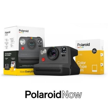Фотоапарат Polaroid Everything Box Polaroid Now (черен) в комплект с цветен филм i-Type (16 броя), моментални снимки, светкавица, с батерия, auto-focus, USB image