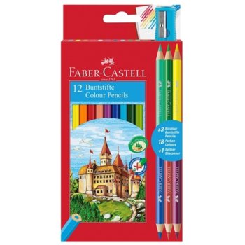 Цветни моливи Faber-Castel Замък, различни цветове, 12 бр. + 3 двуцветни молива, включена острилка | JAR Computers Цветен молив Faber-Castell Замък 12 + 6 острилка