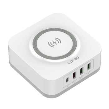 Зарядно LDNIO, от контакт към безжично зареждане, Type-C:30W, USB F Quick charge:18W, 2xUSB F Auto-ID:12W, Безжично зареждане:15W, Qi, бяло | JAR Computers зарядно ldnio 32w qi 40294