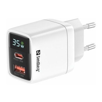 Зарядно устройство Sandberg 441-52, от контакт към 1x USB C(ж), 1x USB A(ж), 20V/1.75A, бяло, 35W, QC 3.0 | JAR Computers Зарядно устройство Sandberg 441-52