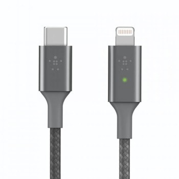 Кабел Belkin Boost Charge Smart LED USB-C to Lightning Cable (CAA006bt04GR), от USB C(м) към Lightning(м), 1.2m, сив | JAR Computers Belkin Boost Charge Smart LED USB-C to Lightning