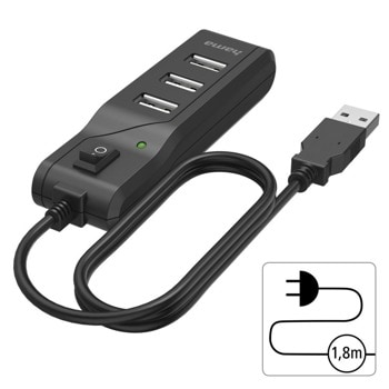 USB хъб Hama 200118, 4x порта (4x USB2.0), бутон вкл./изкл., 1.8m, черен image