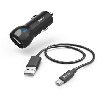 Зарядно устройствo Hama 201613, от атвомобилна запалка към 1x USB-A(ж), 5V/2,4A, 12W, черно, в комплект с кабел от USB-А(м) към micro-USB(м) | JAR Computers зарядно устройство hama 201613