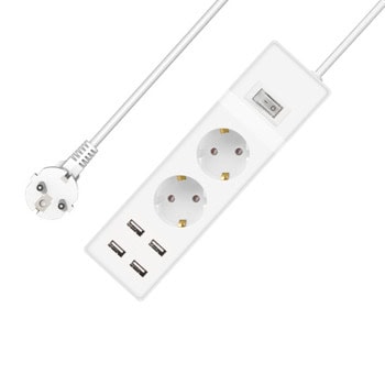 Разклонител 17883, 2 гнезда, 4x USB-A, бутон за вкл./изкл., 1.5m кабел, бял | JAR Computers Разклонител 17883
