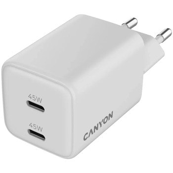 Зарядно устройство Canyon CU45CC, от контакт към 2x USB-C(ж), 20V/3A, бяло, 45W | JAR Computers Canyon CU45CC CNS-CUW45CC