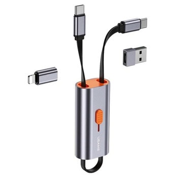 Кабел USAMS US-SJ560, от USB-C(м) към Lightning(м)/USB-C(м)/USB-А(м), 0.3m, 60W, сив | JAR Computers USAMS US-SJ560