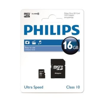 Карта памет 16GB SDHC, Philips MICRO SDHC с адаптер, Class 10, скорост на четене 80MB/s, скорост на запис 20MB/s | JAR Computers Карта памет Philips MICRO SDHC 16GB FM16MP45/10