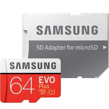 Карта памет 64GB microSDXC с адаптер, Samsung EVO+ MB-MC64HA/EU, скорост на четене 100MB/s, скорост на запис 20MB/s image