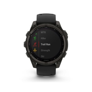 Смарт часовник Garmin FENIX 8 - 51 мм Solar Sapphire Carbon Gray, 1.4"(3.55cm), трансфлективен MIP дисплей, GPS, Bluetooth, 10 ATM, 32 GB вградена памет, до 30 дни време на работа, сив | JAR Computers Garmin FENIX 8 Solar Sapphire Carbon