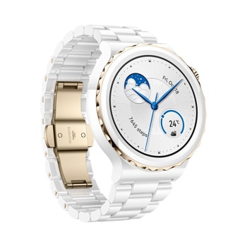 Смарт часовник Huawei Watch GT 3 Pro, Frigga-B19V, 43mm, 1.32" (3.35 cm), 466 x 466 pix AMOLED дисплей, 4GB памет, Bluetooth, Huawei wearable platform, водоустойчив, бял със бяла метална каишка image