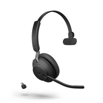 Слушалки Jabra Evolve2 65 MS Mono, безжични, микрофон, за работа с Microsoft Teams, шумоизолиращ дизайн, светлинна индикация за заетост, Bluetooth, USB Type-C, черни | JAR Computers Jabra Evolve2 65 MS Mono USB-C 26599-899-899