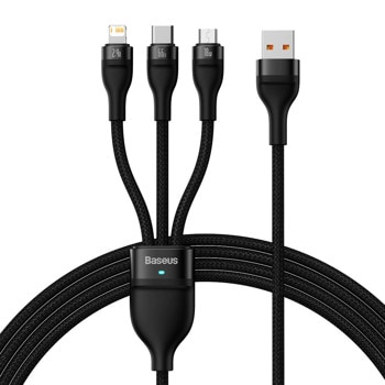 Кабел Baseus Flash Series II, от USB A(м) към USB C(м) / microUSB(м) / Lightning(м), 1.2m, 66W, черен | JAR Computers Baseus Flash Series II CASS040001