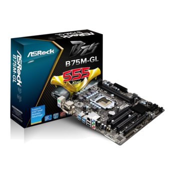 Дънна платка ASRock B75M-GL, B75, LGA1155, DDR3, 2xPCI-E (CF) (DVI), THX TruStudio™ SB5.1, Lan1000, 1xSATA 6Gb/s, 4xUSB3.0, mATX | JAR Computers ASRock B75M-GL LGA1155 DVI DDR3 mATX