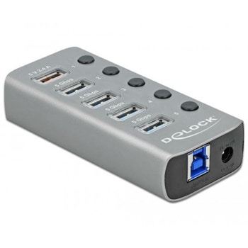 USB хъб Delock 63262, 5 порта, от USB Type-B към 5x USB 3.2 Type-A, 5000 Mbit/s, сив | JAR Computers Delock 63262