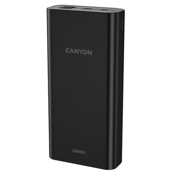 Външна батерия/power bank/ Canyon PB-2001 (CNE-CPB2001B), 20000 mAh, черна, 2.1A/5V, 1x USB C, 2x USB A | JAR Computers PB-2001 Black CNE-CPB2001B