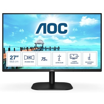 Монитор AOC 27B2DA, 27" (68.58 cm) IPS панел, 75Hz, Full HD, 4ms, 20 000 000:1, 250cd/m2, HDMI, DVI, VGA | JAR Computers AOC 27B2DA