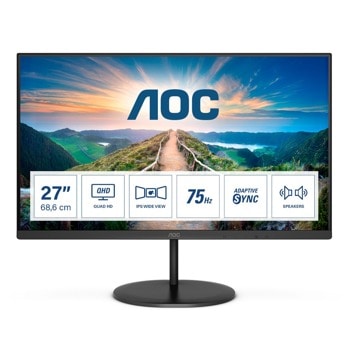 Монитор AOC Q27V4EA, 27" (68.58 cm) IPS панел, 75Hz, QHD, 4ms, 20000000:1, 250 cd/m2, DisplayPort, HDMI | JAR Computers AOC Q27V4EA