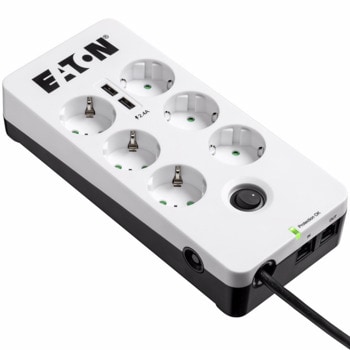 Разклонител Eaton Protection Box 6 USB DIN, 6 гнезда, защита от пренапрежение, 2x USB, 1.5m, бял/черен | JAR Computers Eaton Protection Box 6 Tel@ USB DIN