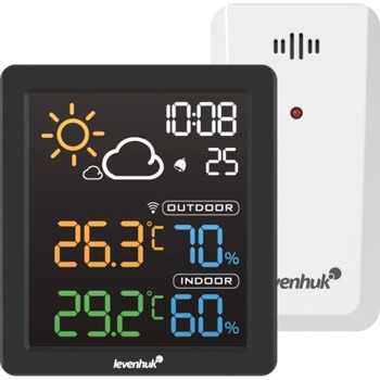 Цифров термо-хигрометър Levenhuk Wezzer Base L80, часовник, будилник, термометър, влагомер, включен 1 бр. външен датчик, цветен екран, измерва температура и влажност, индикация за качеството на температурата и влажността в помещението, черен image