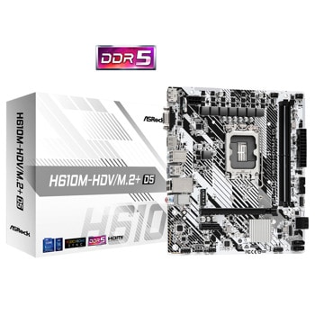 Дънна платка ASRock H610M-HDV/M.2+, H610, LGA1700, DDR5, PCI-E 4.0 (HDMI&DP&VGA), 1x M.2, 4x SATA 6Gb/s, 1x USB 3.2 Gen 1, 1x USB 3.2 Gen 1 Type-C, Micro ATX | JAR Computers ASRock H610M-HDV/M.2+ 90-MXBM50-A0UAYZ