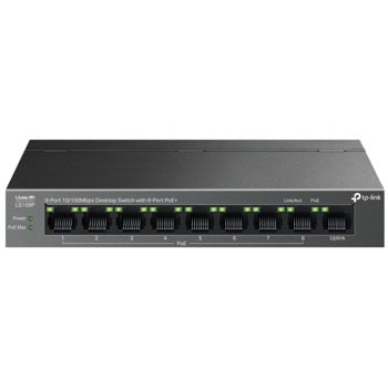 Суич TP-Link LiteWave LS109P, 9 порта, 8x 10/100Mbps PoE+, 1x 10/100Mbps RJ45 (uplink) | JAR Computers TP-Link LiteWave LS109P