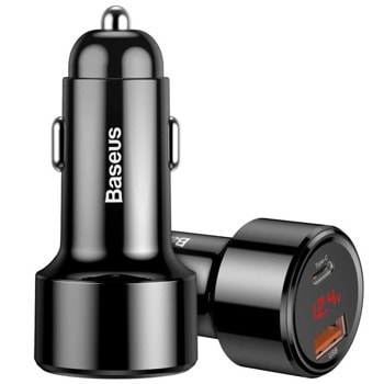Зарядно за кола Baseus Dual USB & USB-C QC 4.0 Car Charger 45W (CCMLC20C-01), от автомобилна запалка към USB C(ж)/USB A(ж), черно | JAR Computers Baseus Dual USB & USB-C QC 4.0 Car Charger 45W