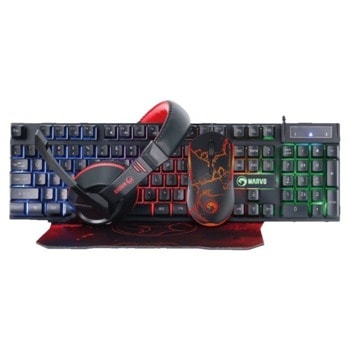 Комплект клавиатура, мишка, слушалки и пад Marvo Gaming COMBO CM409, оптична (3200 dpi), гейминг, RGB подсветка, USB, черни | JAR Computers MARVO-CM409