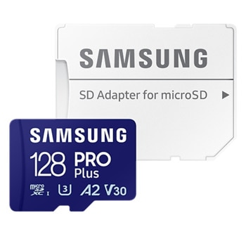 Карта памет 128GB microSDXC с адаптер, Samsung Pro Plus (MB-MD128SA/EU), Class 10 U3, скорост на четене до 180MB/s, скорост на запис до 130MB/s | JAR Computers microSD 128GB Samsung Pro Plus MB-MD128SA/EU