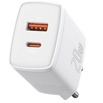 Зарядно устройство Baseus Compact (CCXJ-B02), от контакт към USB A(ж) и USB C(ж), бяло, 20W | JAR Computers Baseus CCXJ-B02
