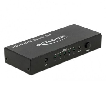 Видео превключвател DeLock 18685, от 5x HDMI-A(ж) към 1x HDMI-A(ж), 3840x2160@60Hz, черен | JAR Computers DeLock 18685