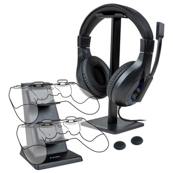 Комплект BigBen Nacon PS4 Essential Pack 4in1, за PlayStation 4, зарядно, слушалки и резервни кръгли тапи, черен image