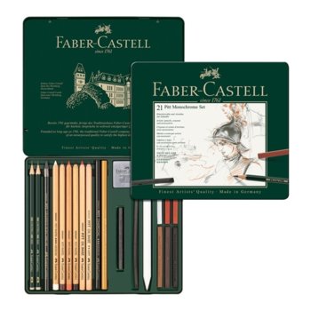 Моливи Faber-Castell Pitt Monochrome, чернографитни, различни цветове, 21 бр, метална кутия | JAR Computers Faber-Castell Pitt Monochrome 21 броя метална кут