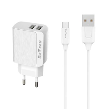 Зарядно устройствo DeTech DE-09, от шуко към 2х USB, 5V/2.4A, бяло, с Micro USB кабел 1.0m image