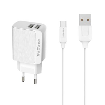 Зарядно устройствo DeTech DE-09, от шуко към 2х USB, 5V/2.4A, бяло, с Micro USB кабел 1.0m | JAR Computers Мрежово зарядно устройство DeTech DE-09M