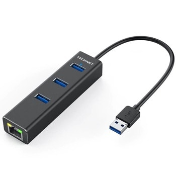 USB Хъб TeckNet EHU01043BA02-V2, 4 порта, 3x USB 3.0(ж), 1x RJ45, черен image