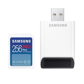 Карта памет 256GB SDXC с четец, Samsung PRO Plus (MB-SD256SB/WW), Class 10 U3, скорост на четене до 180MB/s, скорост на запис до 130MB/s | JAR Computers Карта памет SDXC Samsung 256GB Pro Plus с четец