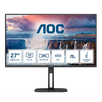 Монитор AOC 27V5C/BK, 27" (68.58 cm) IPS панел, 75Hz, Full HD, 4ms, 20 000 000:1, 300 cd/m2, DisplayPort, HDMI, USB Hub | JAR Computers AOC 27V5C/BK