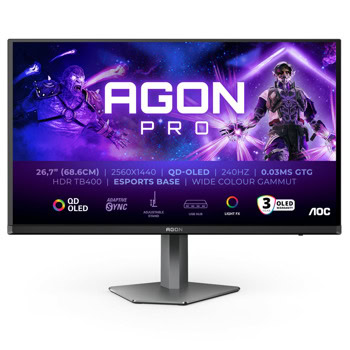Монитор AOC AG276QZD2, 27" (68.58 cm), QD-OLED панел, 240Hz, WQHD, 0.03ms, 1 500 000:1, 250 cd/m2, DisplayPort, HDMI, USB | JAR Computers AOC AG276QZD2