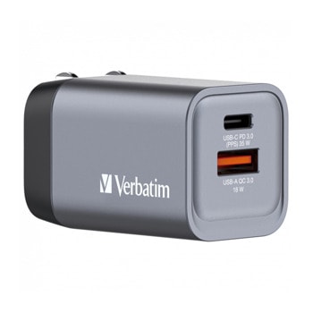 Зарядно устройство Verbatim GNC-35 GaN, от контакт EU/UK/US към 1x USB-A(ж), 1x USB-C(ж), 20V/1.75A, сиво, QC 3.0 | JAR Computers Зарядно устройство Verbatim GNC-35 GaN 35W 32200