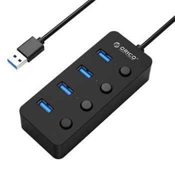 USB Хъб Orico W9PH4-U3-V1-BK-BP, 4 порта, от USB Type-A към 4x USB 3.0 Type-A, бутони ON/OFF, черен | JAR Computers Orico W9PH4-U3-V1-BK-BP