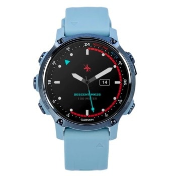 Смарт часовник Garmin Descent Mk2S Mineral Blue, 1.20" (3.04 cm) MIP дисплей, Bluetooth Smart, ANT+, Wi-Fi, до 7 дни живот на батерията, гмуркане до 100m, GPS, акселерометър, пулсомер, компас, жироскоп, сензор за дълбочина, Connect IQ, син image
